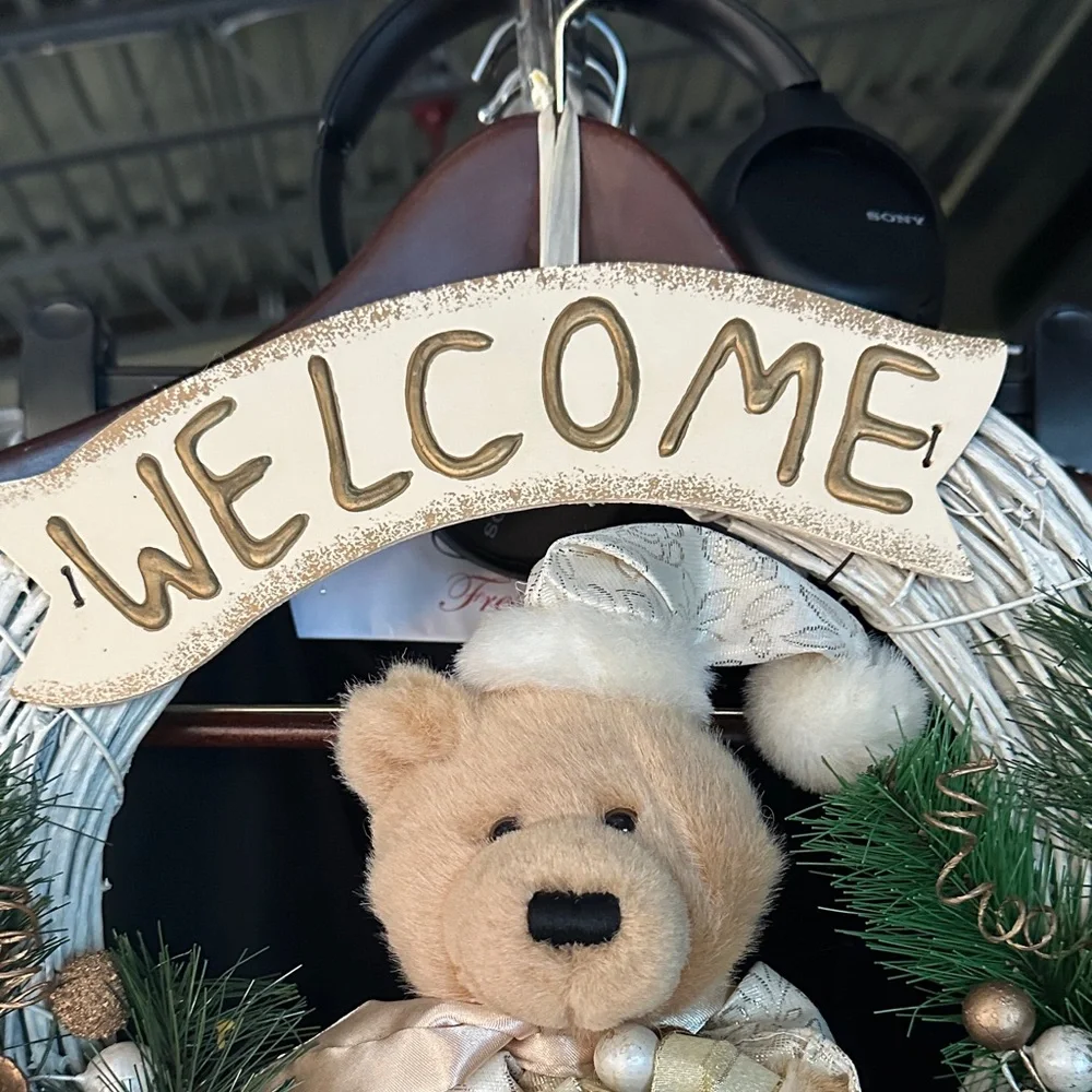 Holiday Welcome Wreath with Bear Decor